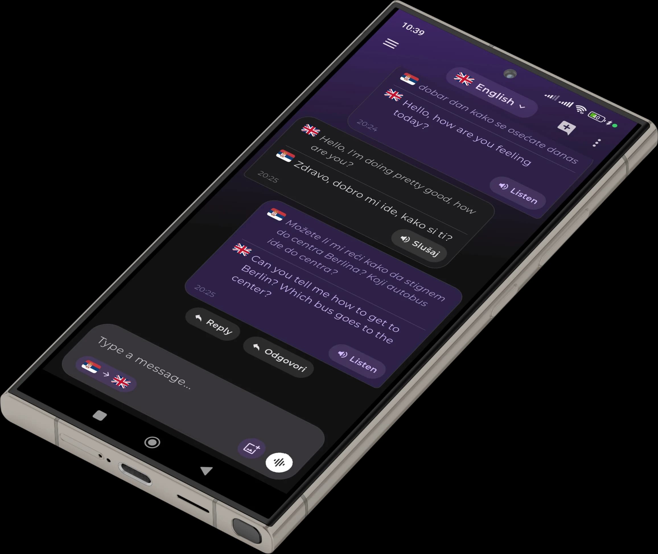 Putnik on a phone showing a two-way conversation with Reply buttons